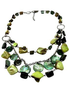 Vibrant Boho Chic Green Shell Necklace Eclectic Multi-Layer Mother of Pearl